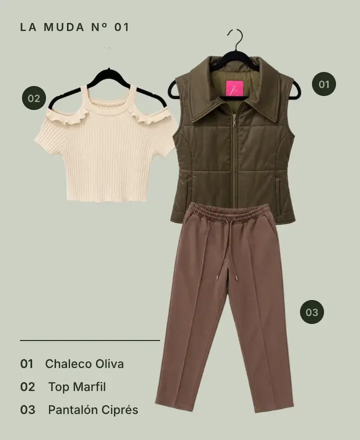 La muda Nº 01, drop de octubre: Chaleco Oliva, Top Marfil y Pantalón Ciprés.
